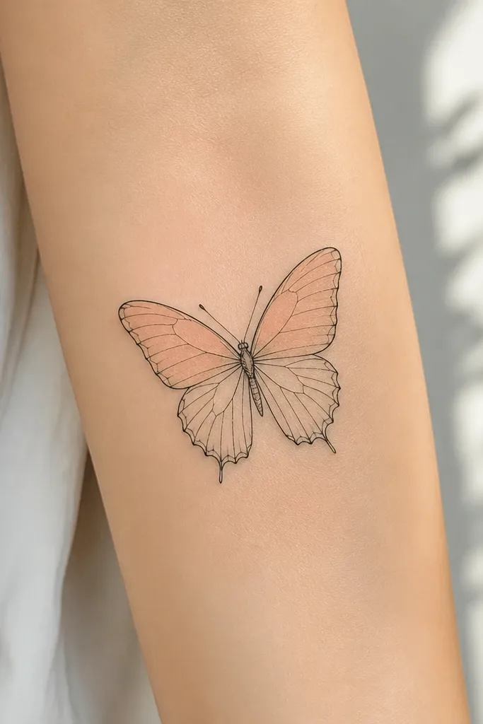 A black fine-line butterfly with tiny pale peach color only in the upper wing area, like a soft watercolor wash, with crisp outlines remaining black.