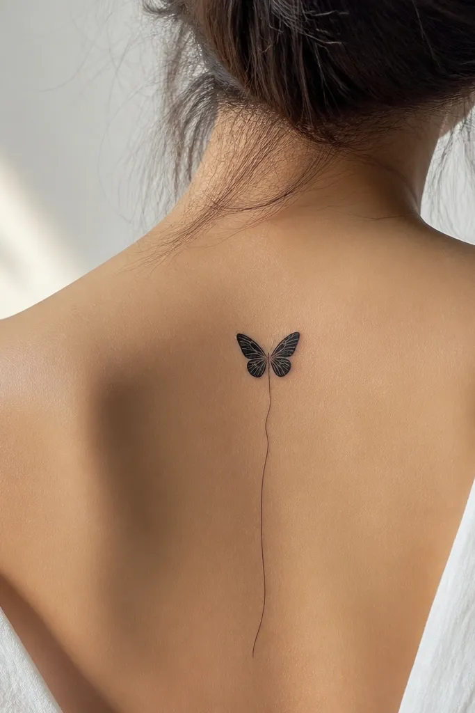 A small butterfly with black wings outlined in fine lines, and a single thin line trailing downward like a ribbon from the body.