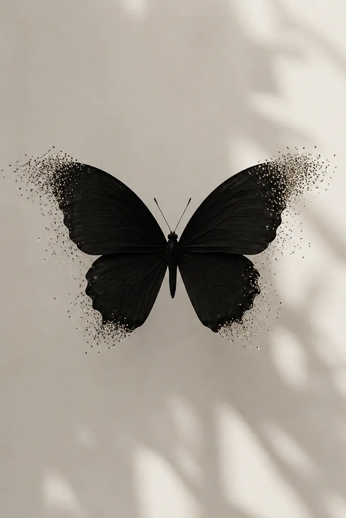 A minimalist black butterfly with sparse tiny dot clusters (like star dust) floating around the wings, concentrated near the outer edges.