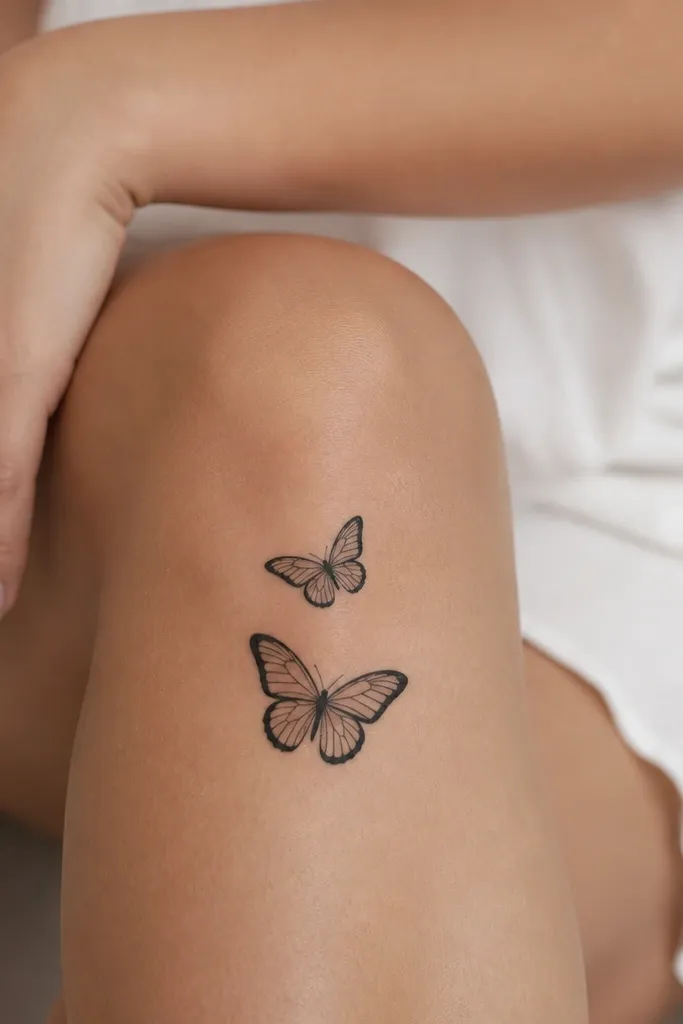 Two small black butterflies stacked diagonally across the knee, upper butterfly smaller, both with thin wing outlines and minimal inner veins.