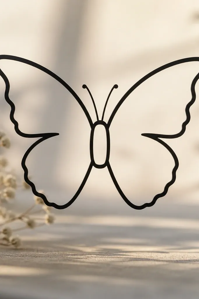 A mostly outline butterfly silhouette where the body has a clear negative-space gap, creating a small "window" effect; wings are simple black outlines.