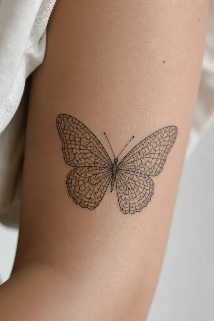 A fine-line butterfly where each wing has a lace pattern made of tiny connected lines, like a grid with curving arcs; black ink only.