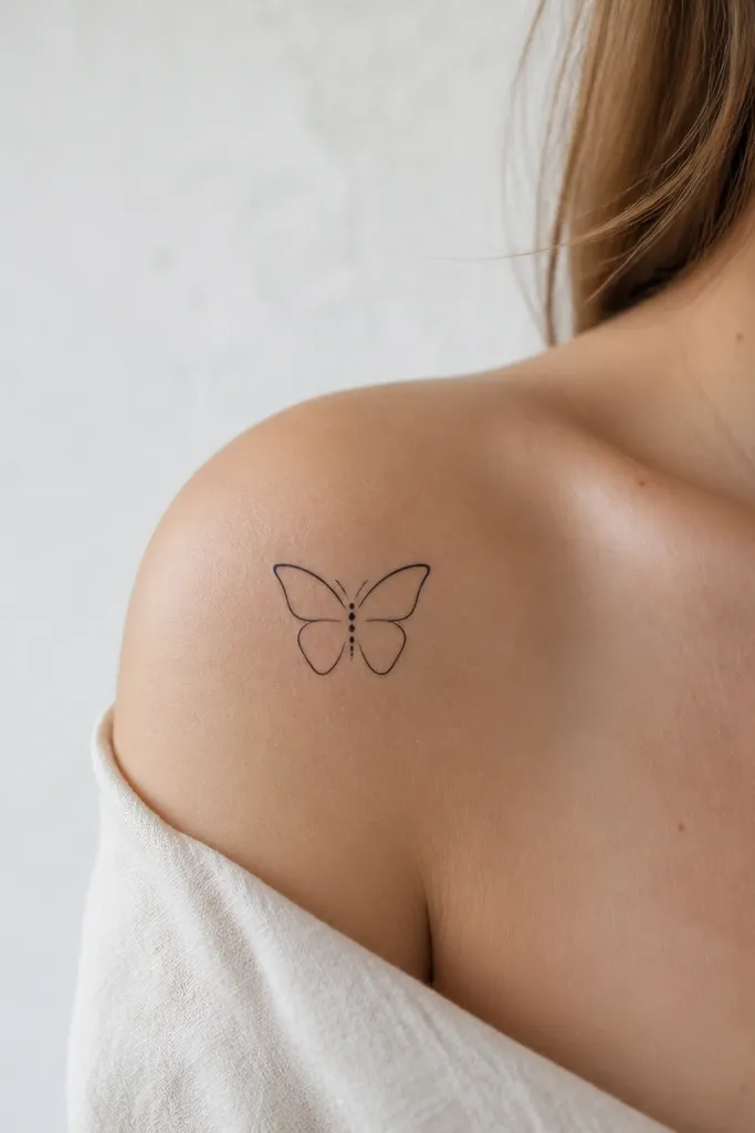 A small black butterfly with outlined wings and a body made from a vertical line of tiny dots; no shading, just clean lines.