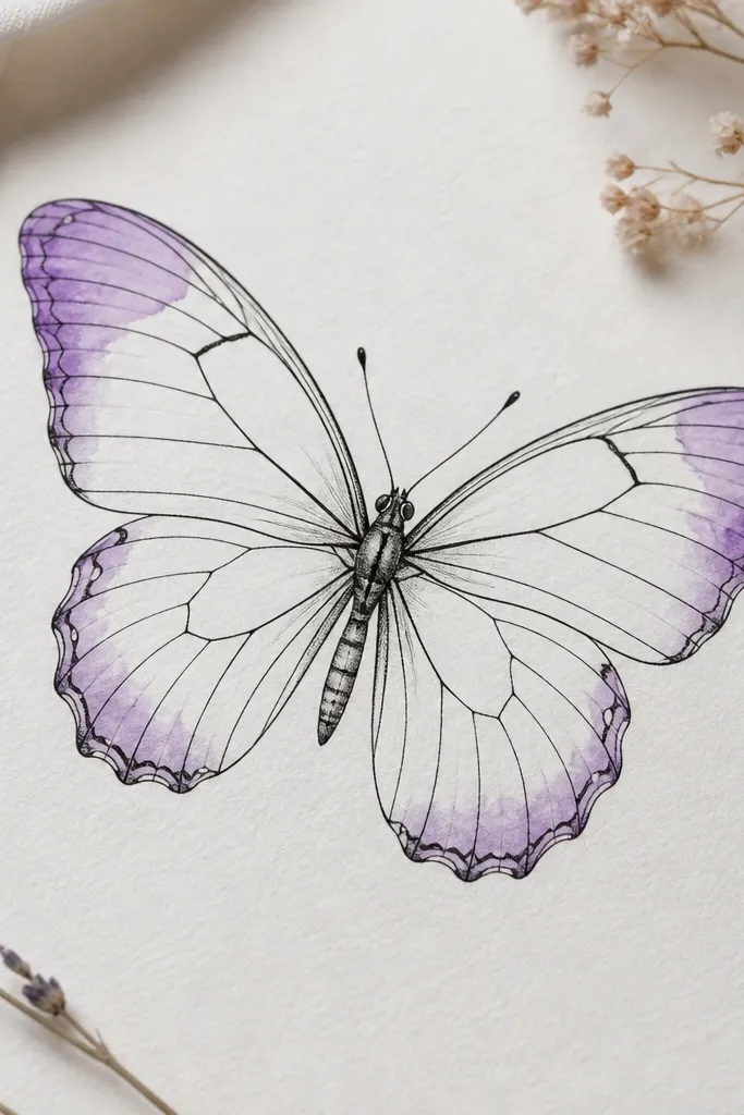 A black fine-line butterfly with a soft lavender watercolor wash only along the outer tips of the wings, fading outward; crisp black outline remains.
