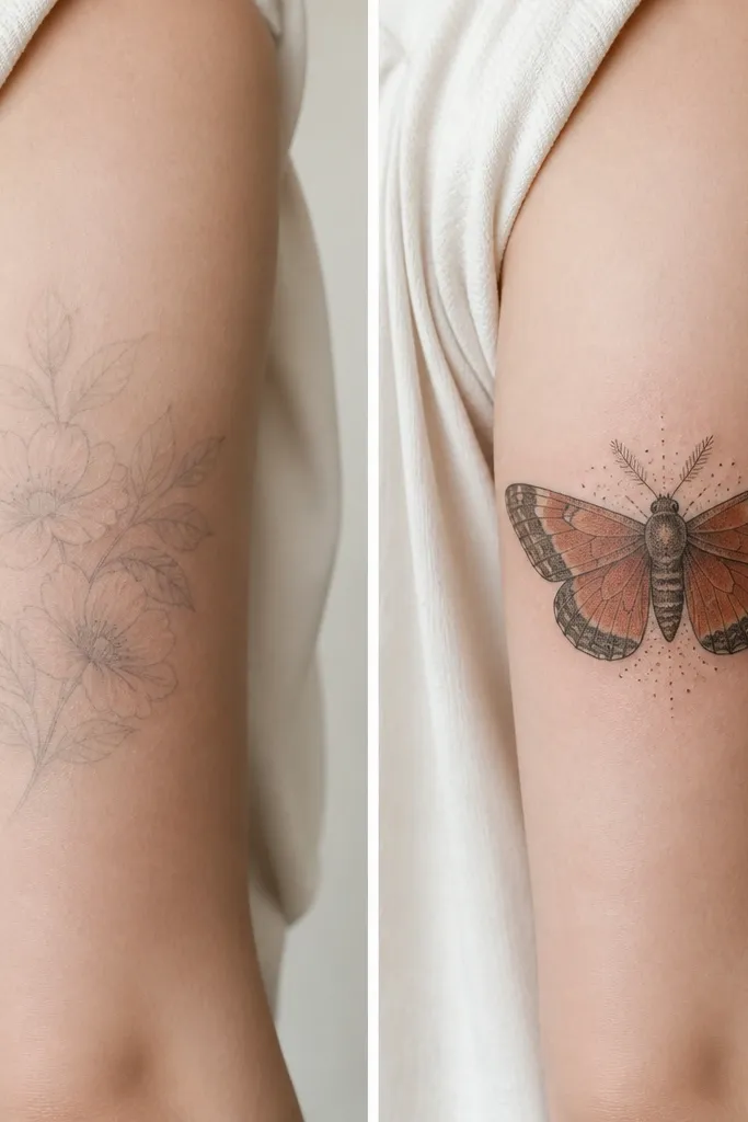 Before-and-after: the before has a faded floral outline with light gray shading on the side of the arm. The after shows a moth with terracotta wings, darker charcoal edging, and small dotwork speckles near the body.