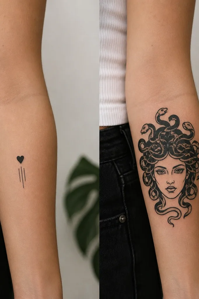 A before-and-after: the before shows a small black heart and a few lines underneath on the forearm. The after shows a medusa head with a thick black hair mass, snake curls, and a clean face outline.