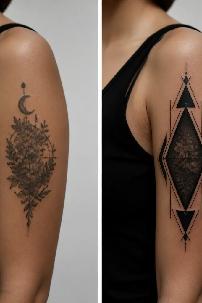 Before-and-after: the before is a medium-size dark tattoo cluster on the outer upper arm. The after shows a geometric frame of thick black triangles with a darker center panel and thin line accents inside.