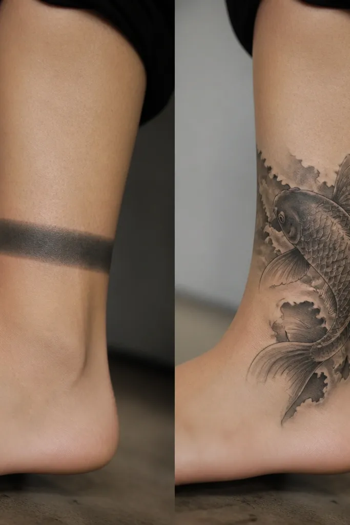 Before-and-after: the before shows a dark band across the ankle with faded edges. The after shows a koi in black-and-gray with a torn-paper water texture behind it and a thick tail shadow.