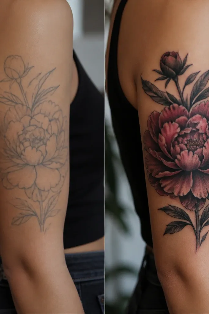 Before-and-after: the before shows a faded black floral outline on the upper arm. The after shows a peony with deep rose petals, black outer shading, and dense dotwork in the petal shadows.