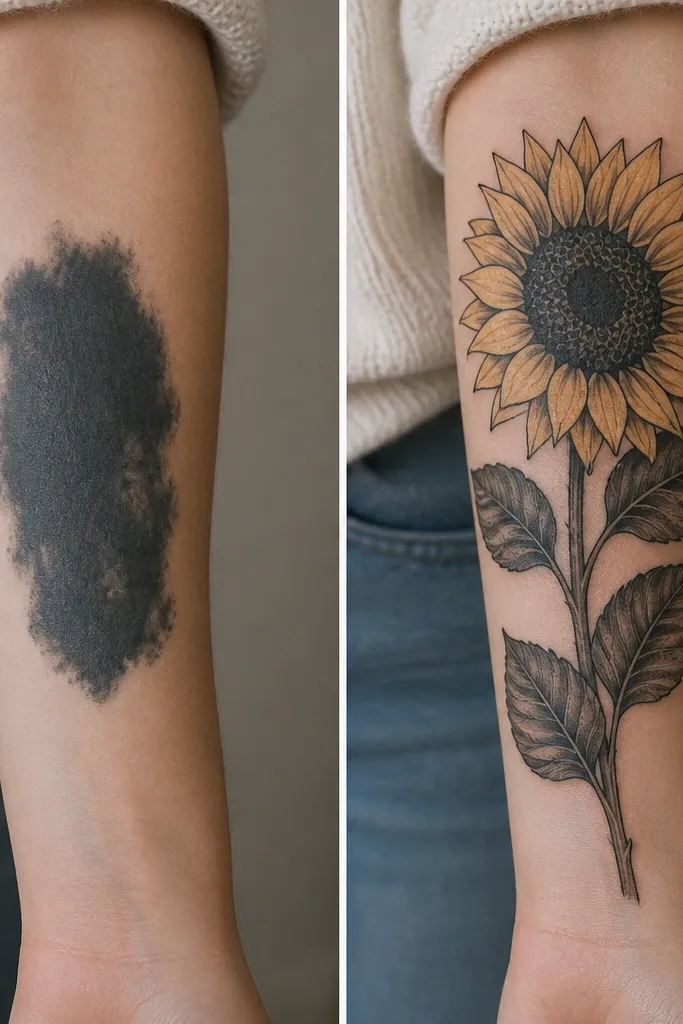 Before-and-after: the before shows a dark tattoo patch on the forearm. The after shows a sunflower with thick black leaf veins, a dark honeycomb center, and lighter yellow petals.