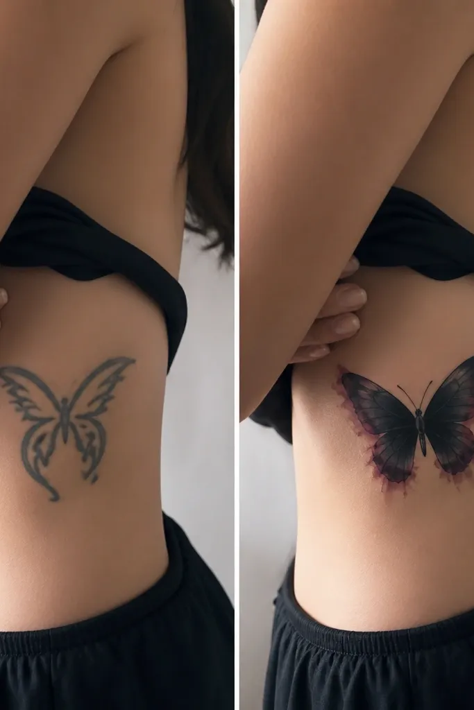 Before-and-after: the before shows a dark butterfly-ish outline on the ribs. The after shows a new butterfly with mostly black wings, watercolor-like edges in plum and mauve, and a small clean body.