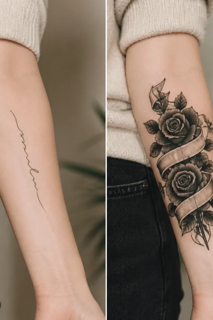 Before-and-after: the before shows a single line of cursive script on the inner forearm. The after shows the same area covered by a banner-like ribbon wrapped around a cluster of thick black roses.