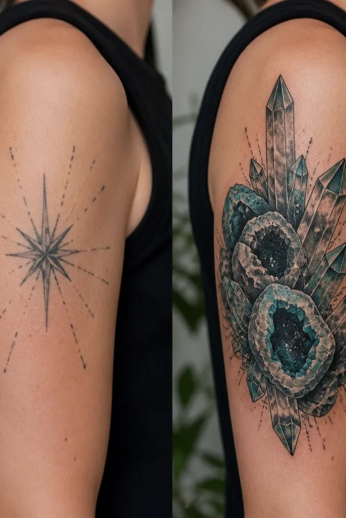 Before-and-after: the before shows a dark starburst tattoo with scattered lines on the upper arm. The after shows a crystal cluster with black geode pockets, teal-blue highlights, and a few sharp crystal points.
