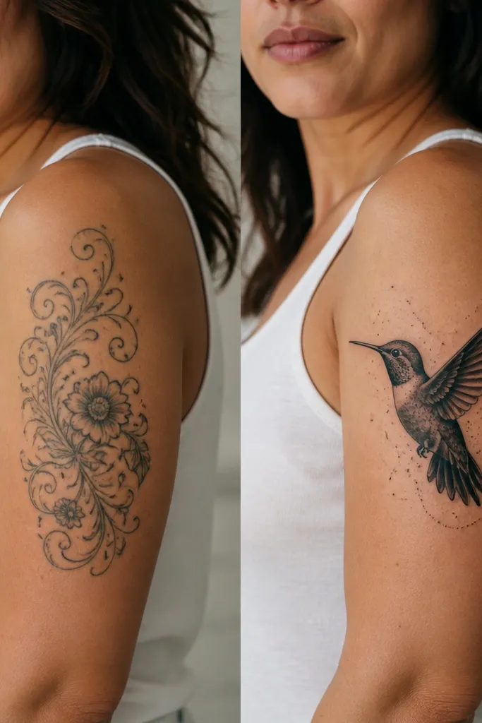 Before-and-after: the before shows a dark floral swirl tattoo on the outer upper arm. The after shows a hummingbird facing left with thick black body shading, gradient wings, and tiny dot accents.
