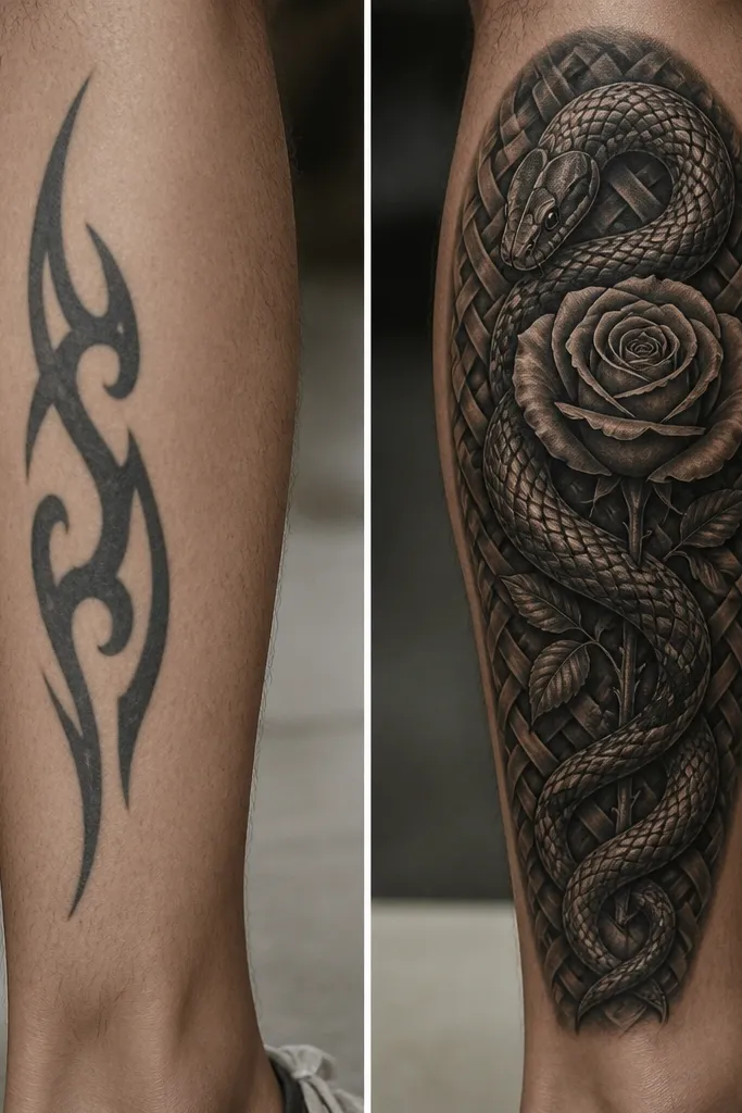 Before-and-after: the before shows a black tribal line on the calf. The after shows a snake wrapped around a rose with a dark braid pattern filling the background behind both.