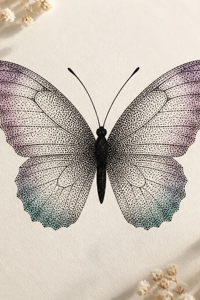 A butterfly with wings built from dense black dotwork. Near the wing edges, there are faint color washes in dusty mauve and muted teal, while the body is solid black.
