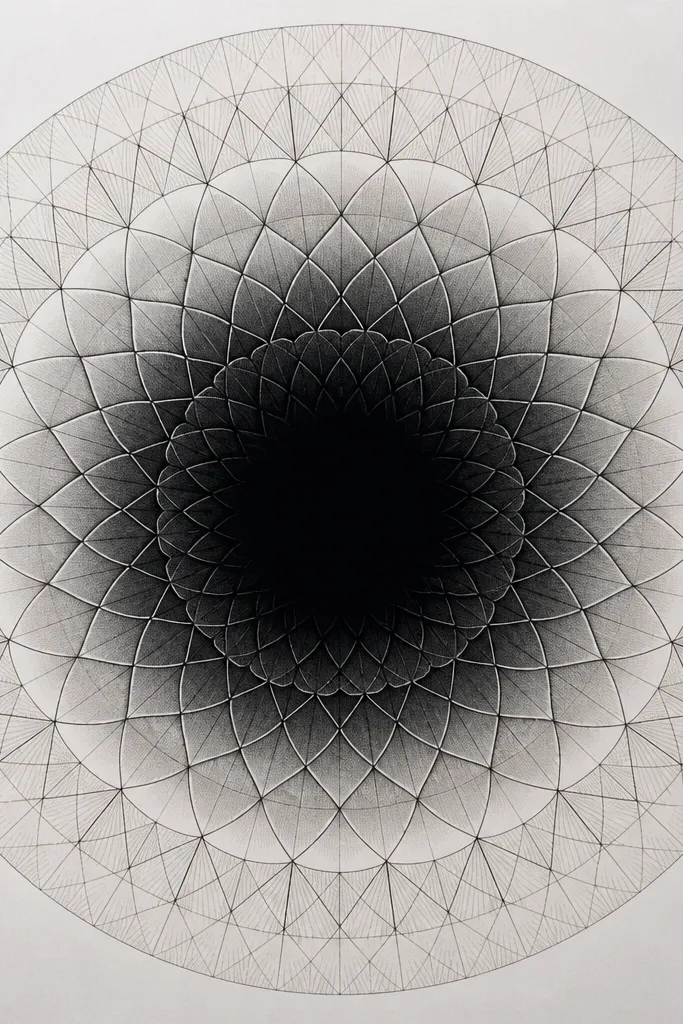 A circular mandala with crisp geometric shapes. The center is heavily black "flooded," then the rings outside fade into charcoal gradients and fine line segments.