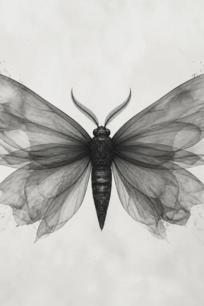 A moth with wings made from layered smoke-gray shading. The body is graphite-black with fine stippling, and there are tiny specks like ash drifting near the wing tips.