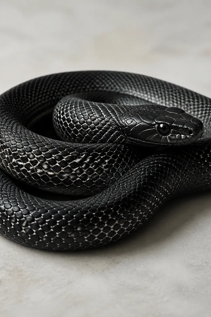 A coiled snake in solid black. Some scales are negative space cutouts, while others are packed black with a few thin highlights rendered in light gray.
