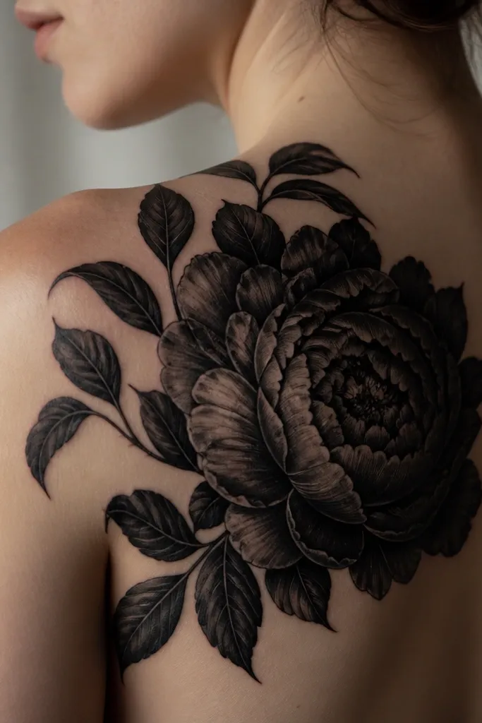A large peony bloom in black and charcoal tones. Thick black leaves curl around it like they're growing over the scar, with small leaf veins sketched in gray.