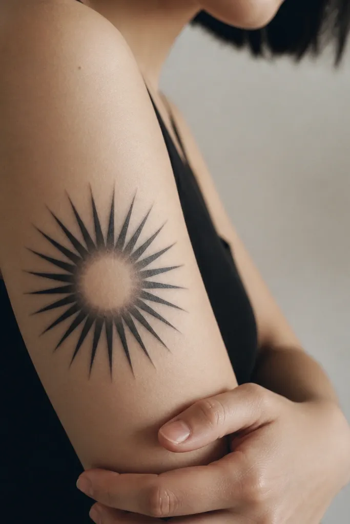 A sunburst tattoo with thick black rays radiating outward. Around the center is a soft halo gradient in gray, and the rays fade slightly at their outer ends.