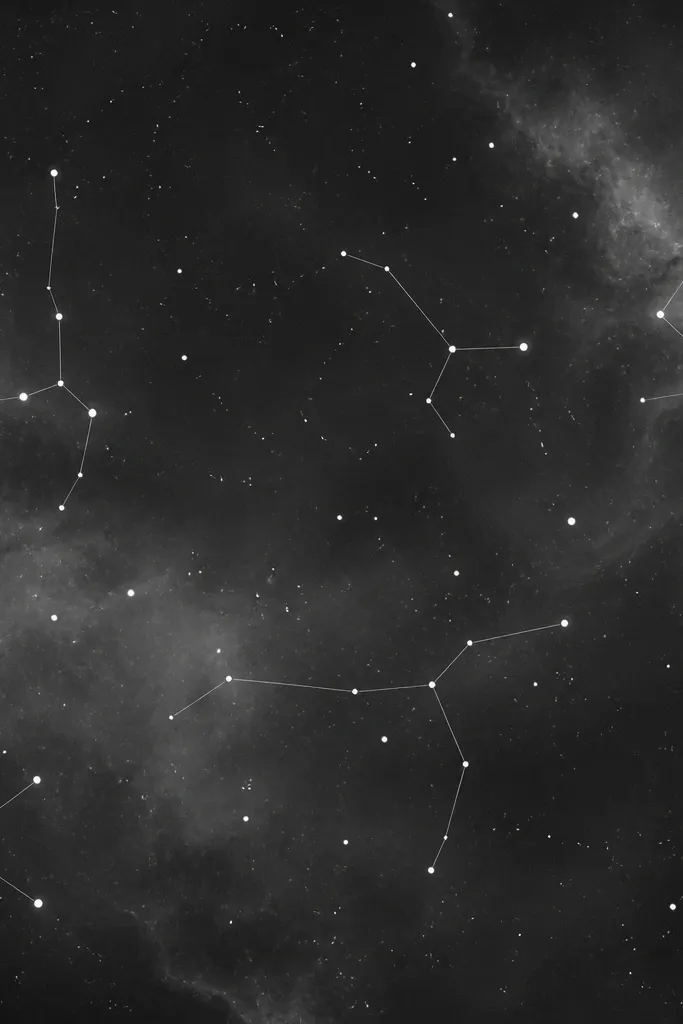 A cluster of constellations drawn in black and gray. There are small star dots, a few line-connected constellations, and faint smoky shading behind the star field.