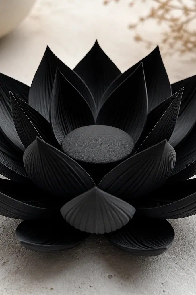 A black lotus with folded petal texture. Petals are built from layered black shapes with gray shading at the folds, and a solid center circle.