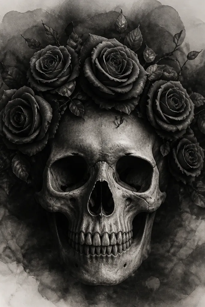 A black-and-gray skull with a rose crown. The skull has shaded cheek hollows, the roses are dark with gray petal gradients, and there's a charcoal smoke border around the whole design.
