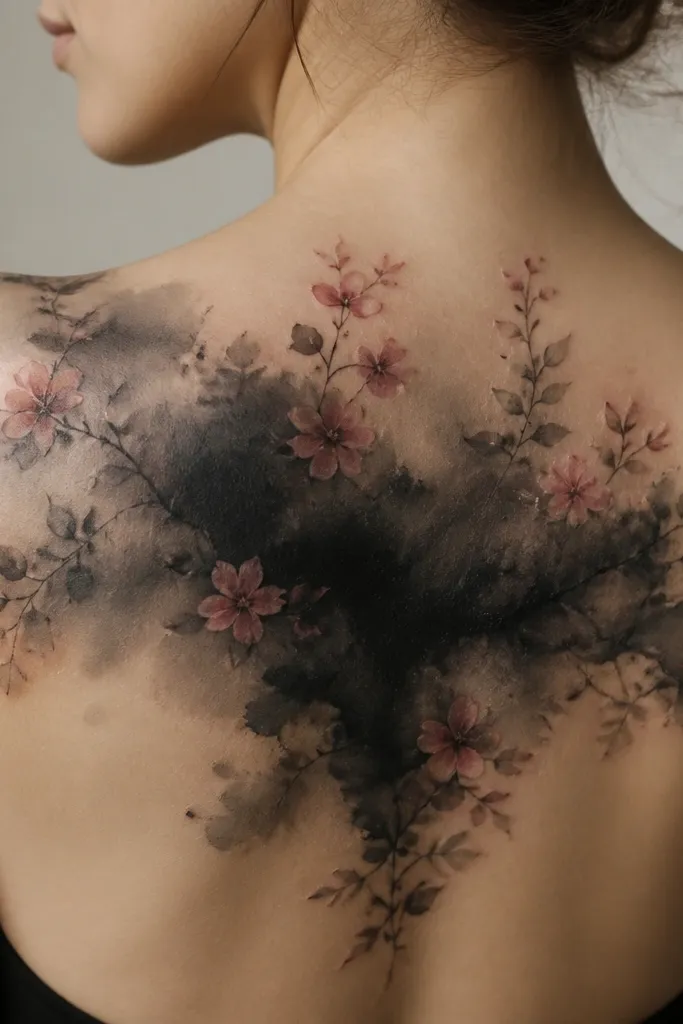 A watercolor-style black ink wash spread across the skin like a soft blur. Around the edges, there are small floral elements in muted pink and dusty green, with the darkest ink near the center.