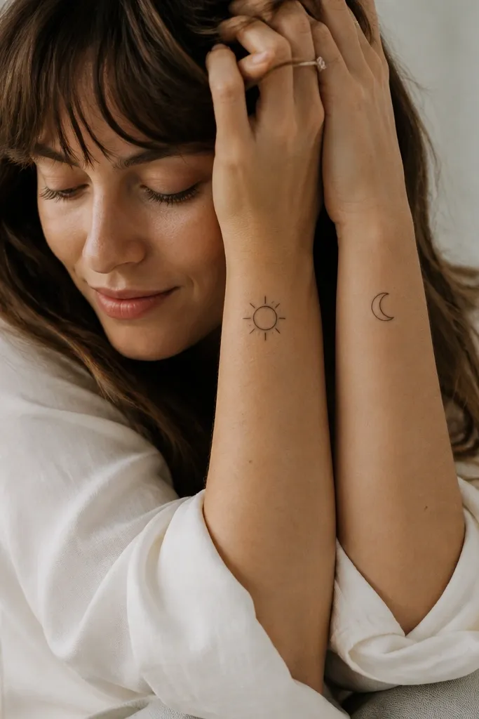 A small thin-line sun on one forearm and a thin-line moon on the other, both drawn in black with minimal rays and a simple crescent cutout.