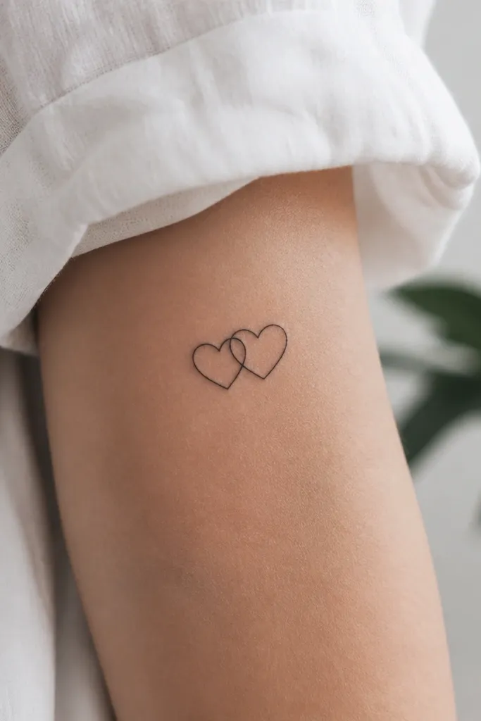 Two small hearts drawn in black linework that overlap slightly, like two outline hearts with one shared point.
