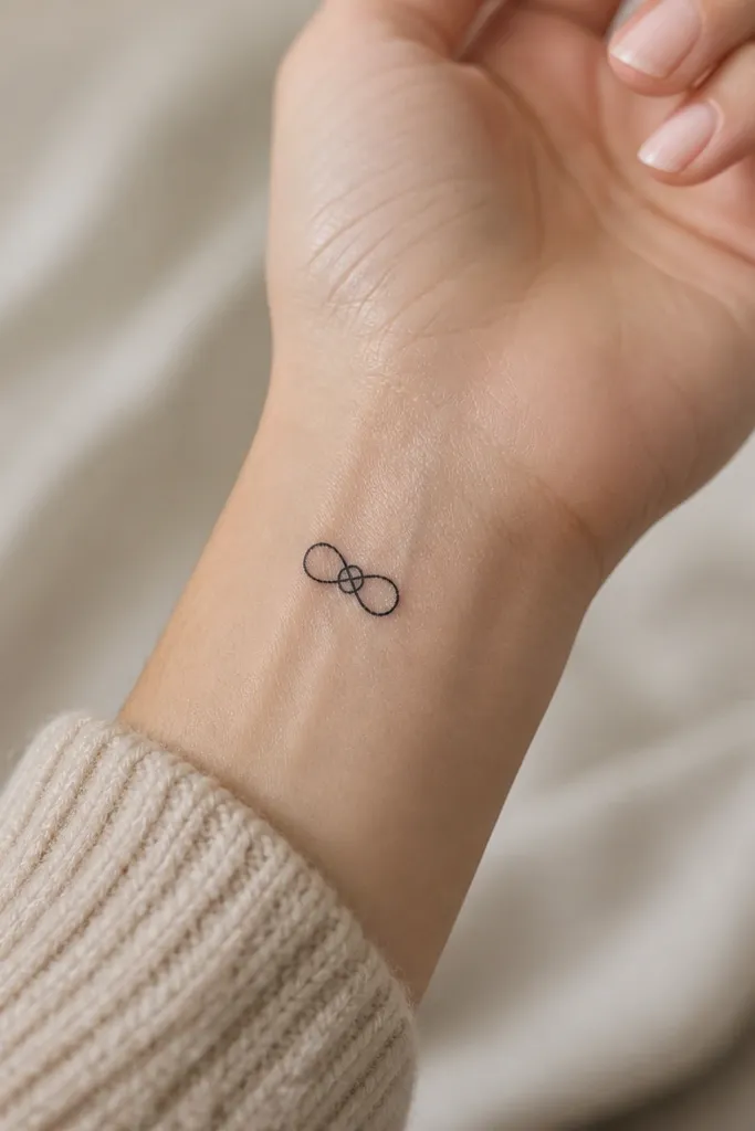 A small black knot symbol with two loops and a single tight center pinch, placed on the back of the wrist.