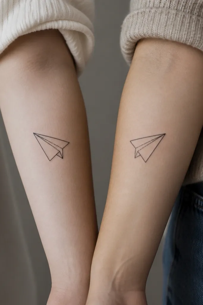 A minimalist paper plane outline with one fold line, and the matching plane on the other friend with a slightly different fold line, both black ink on forearms.