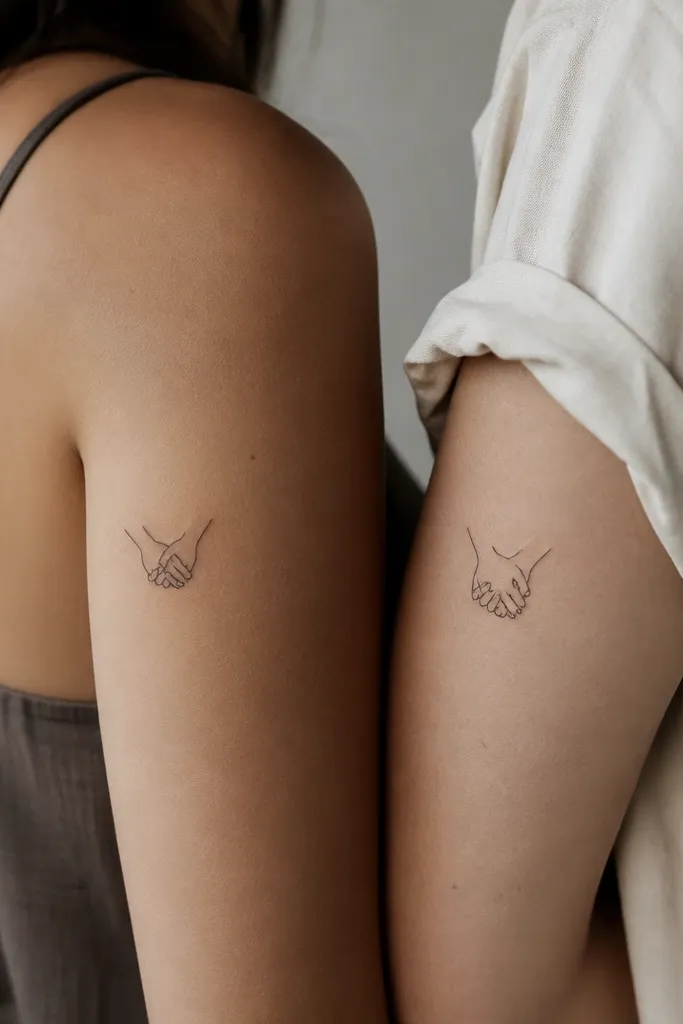 A small outline of two hands clasping, black ink, on one person's upper arm; the other person has the clasp cropped to only the thumbs and fingers.