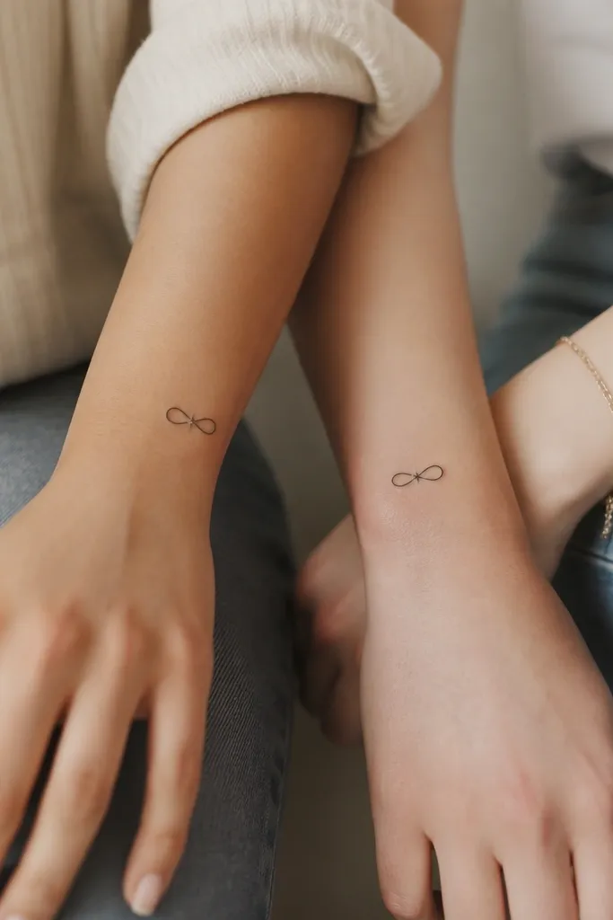 A small black infinity symbol, with a tiny four-point star tucked near the center on one friend's wrist.