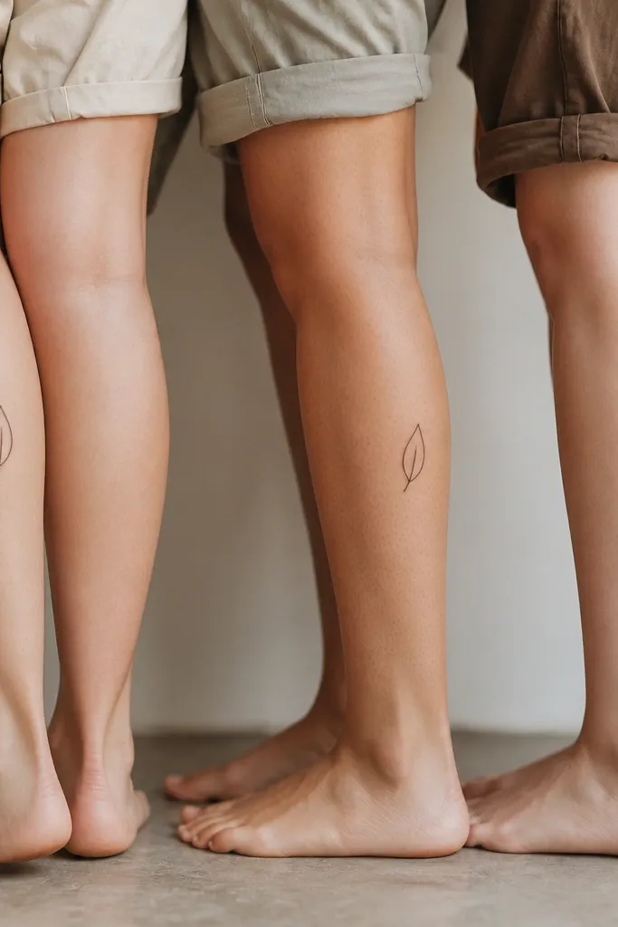 A small minimalist leaf outline with one central vein line, black ink, placed on the side of the calf for each friend.