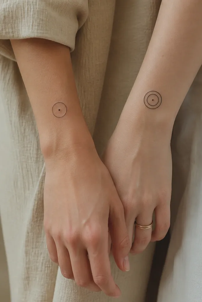 Two small black ring symbols with a tiny dot at the center, one friend has a single ring, the other has two rings around the same dot.