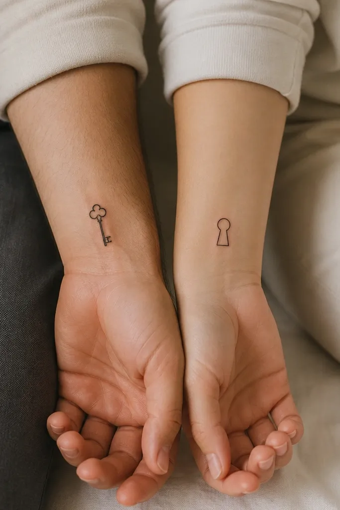 A small key outline on one person's wrist and a matching keyhole outline on the other person's wrist, both in black ink.