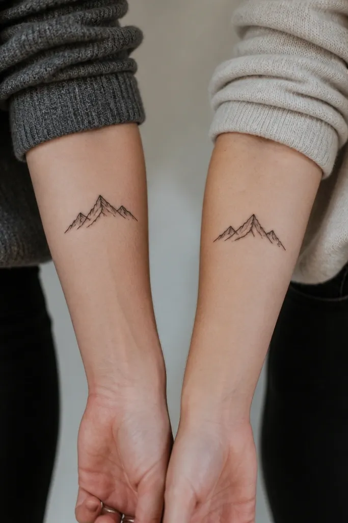 Minimal mountain peak silhouettes in black ink on the inner forearm, with one friend's peak slightly taller and the other's slightly lower.