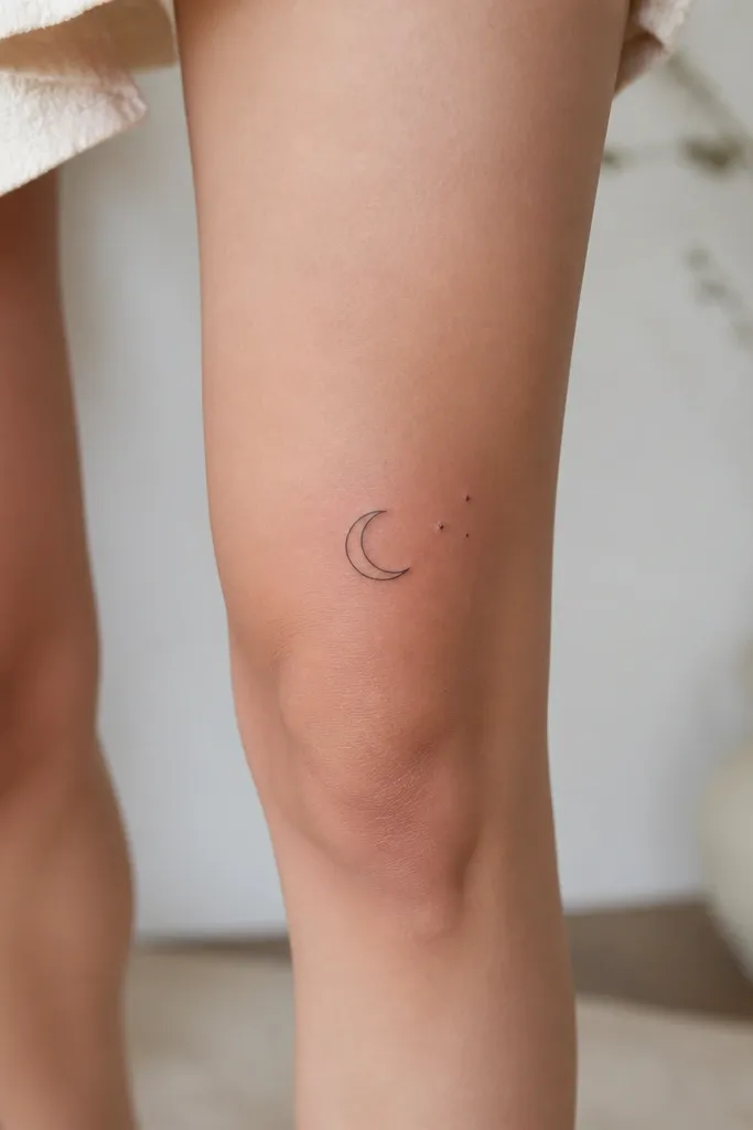 A thin black crescent moon sits above the kneecap, with three small star dots to one side. The line is smooth and continuous, with no heavy outlines.
