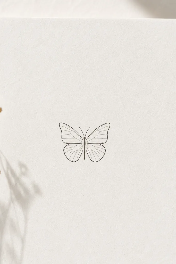 A small butterfly drawn in black line art with closed, symmetrical wings. The body is a slim vertical line, and the wings have a few simple inner lines.