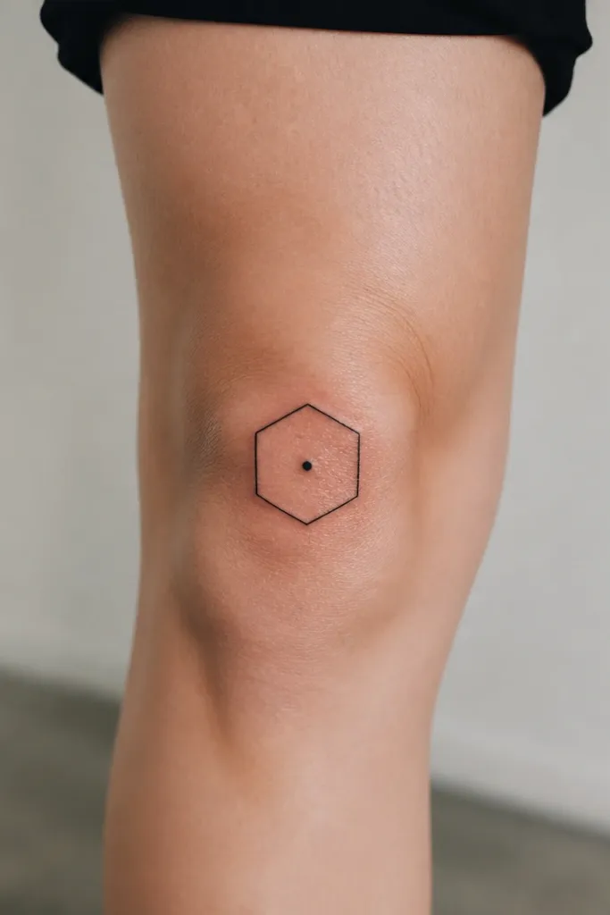A clean black hexagon centered on the kneecap, with one solid dot in the middle. The lines are straight and evenly spaced.