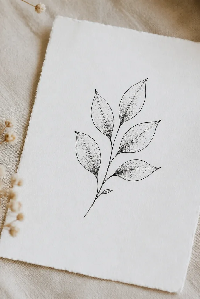 A small sprig of leaves drawn in black with a few fine stems and leaf outlines. The leaves have subtle dot shading near their centers.