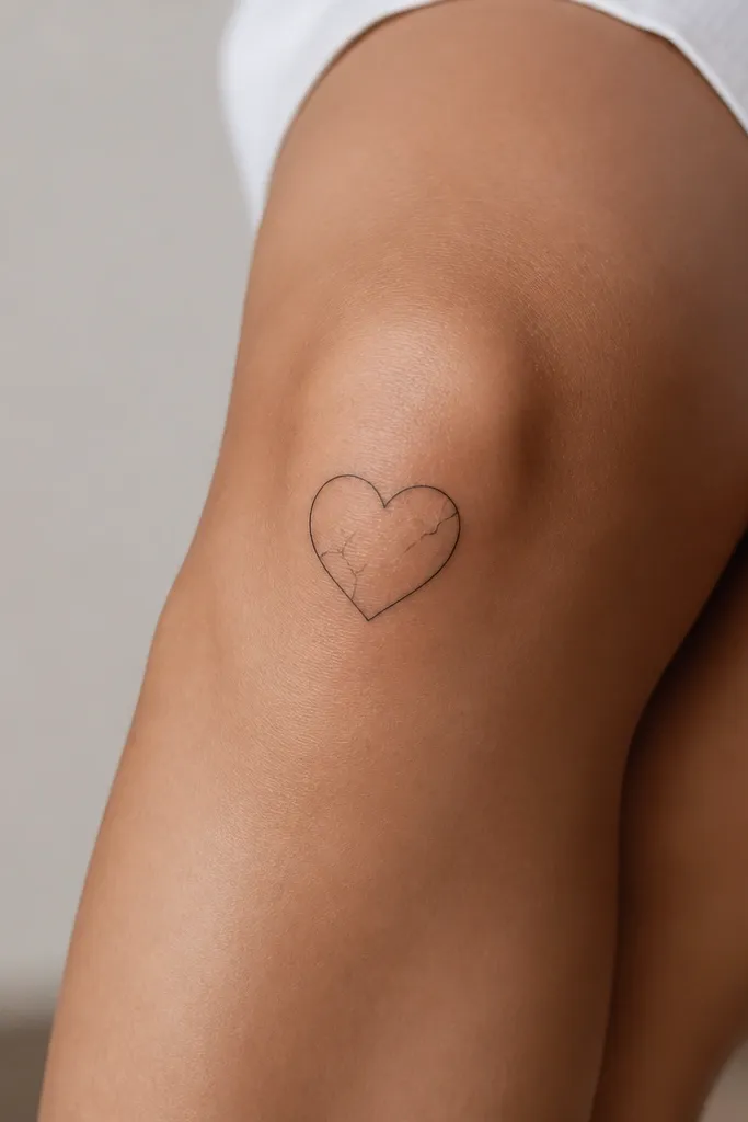 A thin black heart outline on the kneecap, with a few tiny crack lines inside the heart. The cracks are sparse and not shaded.