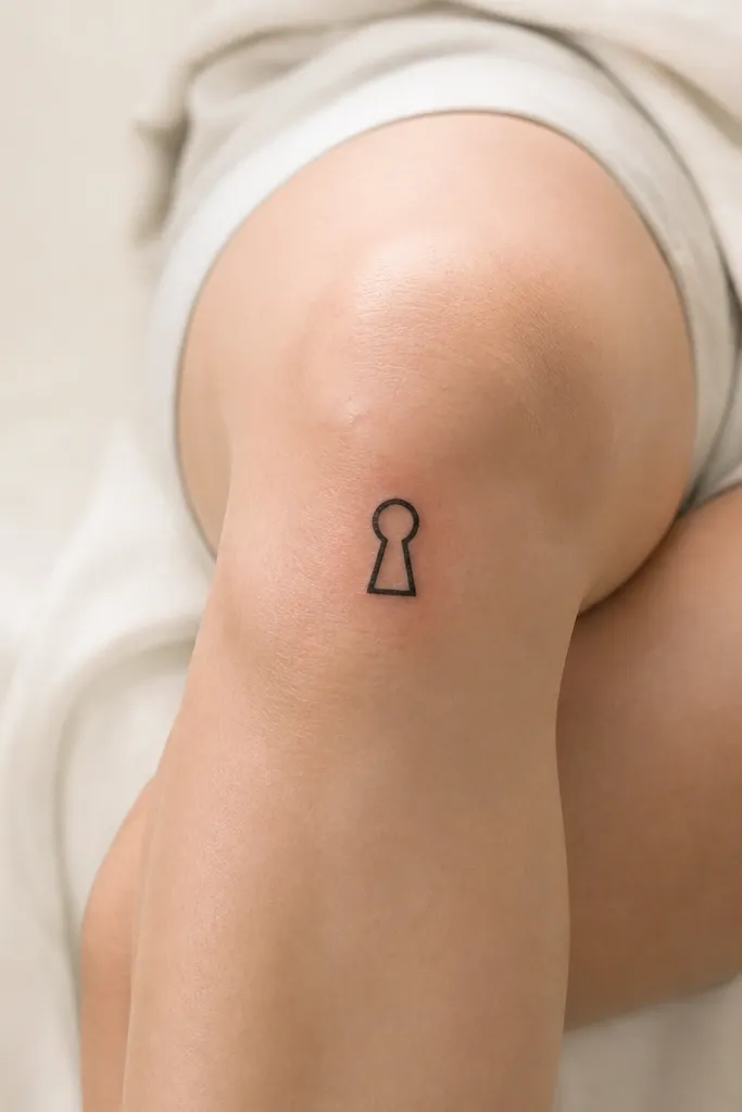 A simple black keyhole on the kneecap with a rounded top and a small circular ring at the top. The lines are clean and symmetrical.