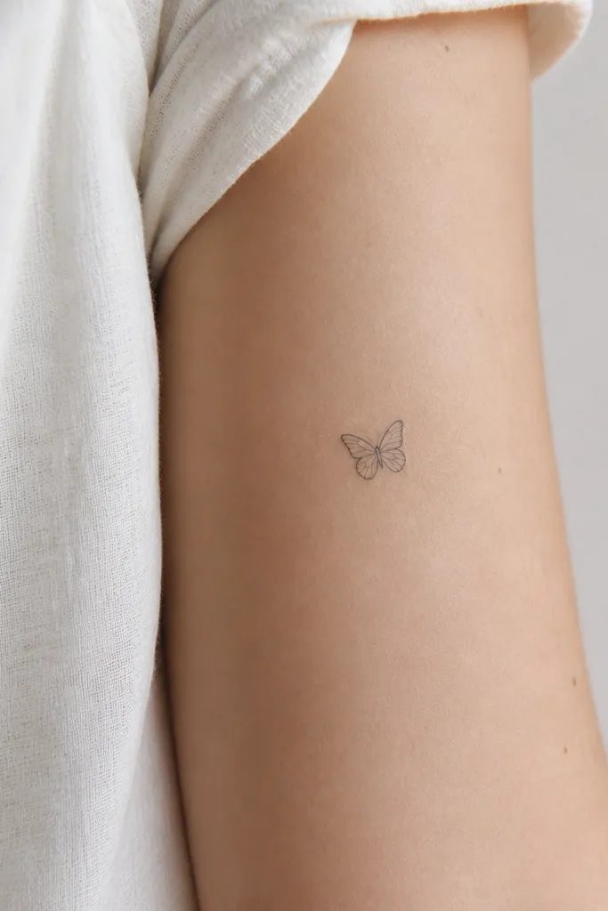 A very small butterfly drawn in black outline, with the center left mostly blank. The wings have a few curved lines but no heavy fill.