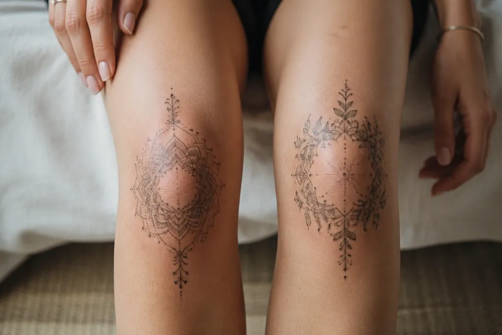 Detailed knee cap tattoos women choose