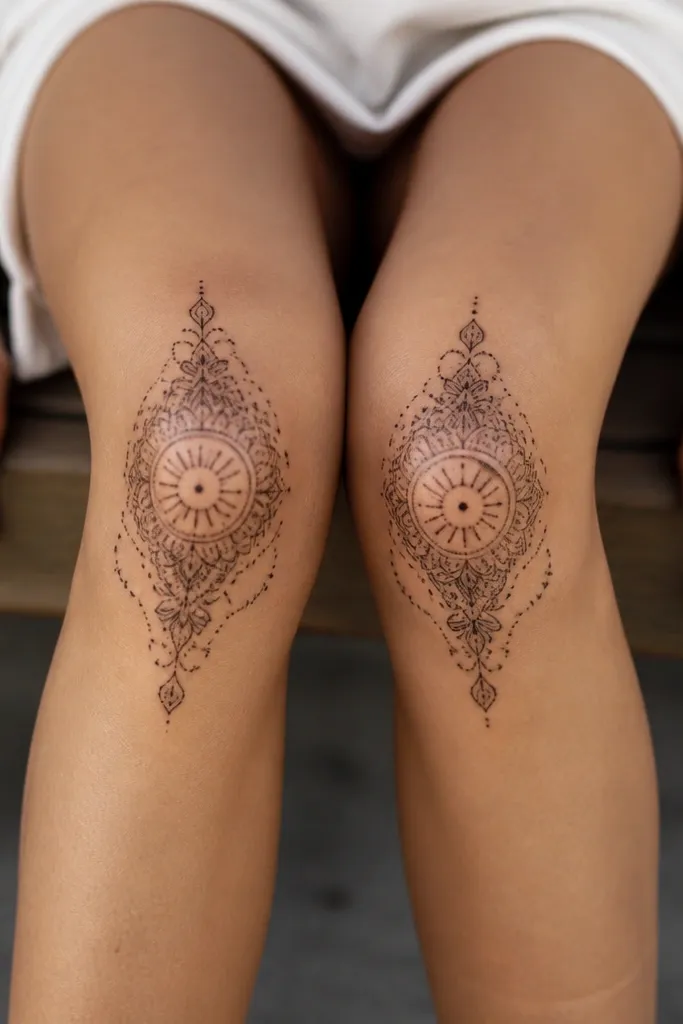 Detailed knee cap tattoos women choose