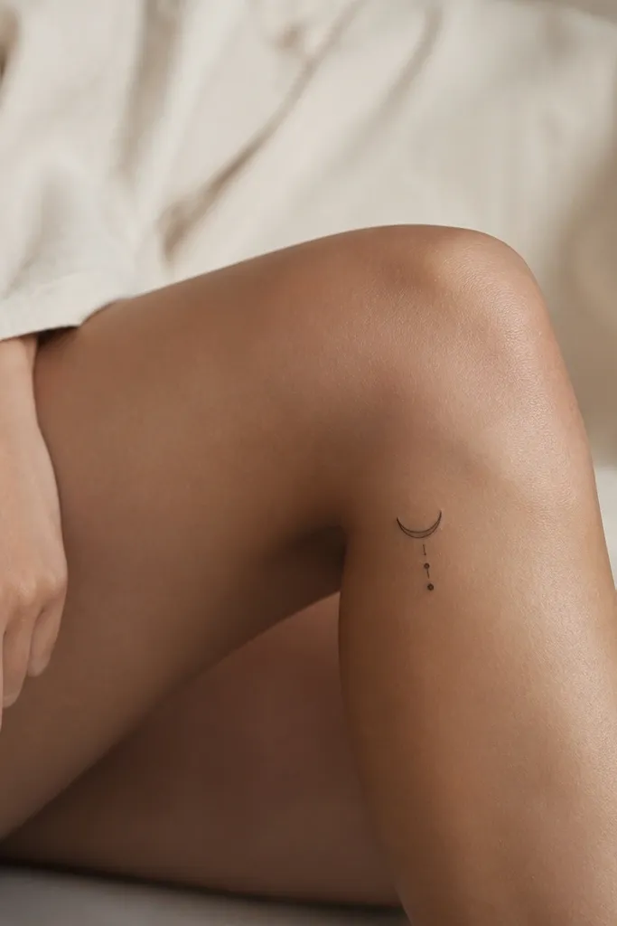 A half-moon stencil hugging the outer lower knee. A line of three small dots curves downward from the center of the half-moon, like a short comet trail.
