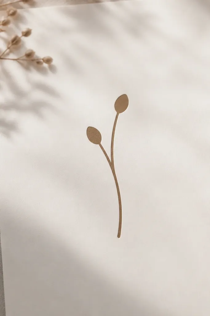 A minimalist sprig stencil with a thin stem and two small bud-like ovals. No detailed leaf veins, just clean stem lines and two rounded ends.